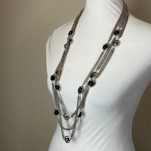 Chico's Long Iridescent Purple Cut Glass Faceted Three Strand Necklace - Picture 3 of 9